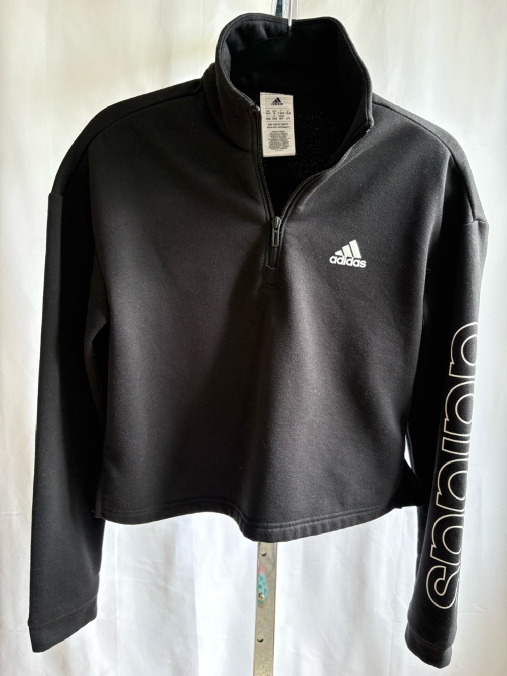 adidas Black Cropped Quarter-Zip Pullover with Sleeve Script